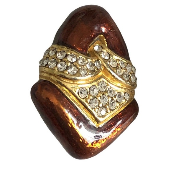 Vintage Clip Earrings Bronze Gold Enamel Rhinestone Crystal Chunky 1980s - Picture 7 of 8